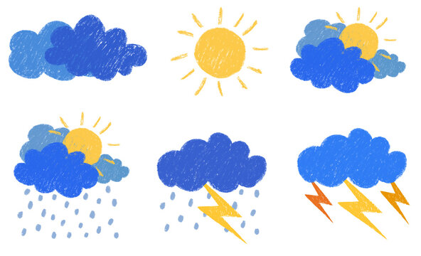 Hand Drawn Weather Symbol Collection with Sun, Clouds,  Rain and Lightning in Crayon Style .
