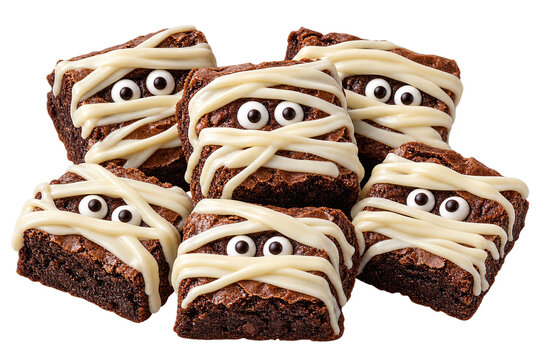 Mummy Halloween brownies decorated with white icing bandages and candy eyes