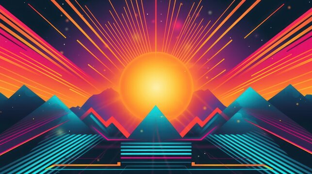 Retro Futuristic Sunset Over Neon Mountains and Digital Landscape.