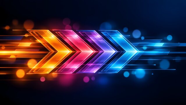 Colorful glowing neon chevron arrows with motion light trails and bokeh on dark background representing fast digital transition and forward energy