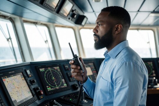 African American ship navigator works on bridge of vessel. Black officer uses walkie talkie to communicate near radar screen, navigation monitor. Pro seaman manages maritime transport, sea logistics