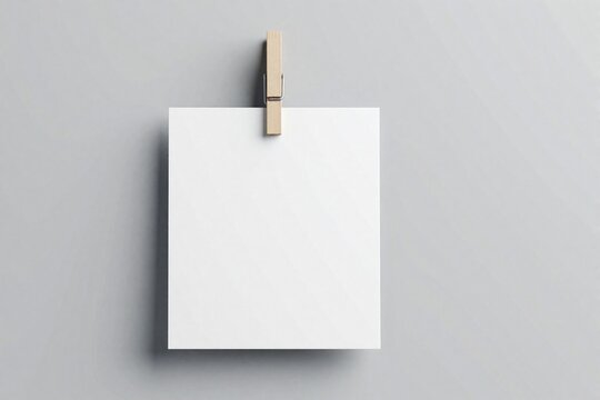 Blank white square paper sheet hangs on wooden clothespin against grey background. Minimalist mockup template for photo, print, note. Empty card with realistic shadow for design presentation memory