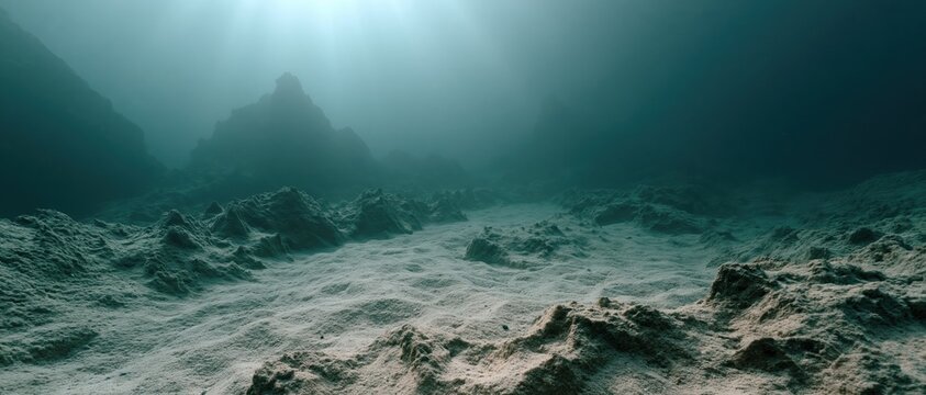 Deep ocean floor covered in sandy sediment with rocky formations under dim light rays