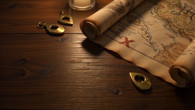 Ancient map, compasses, and candle on wooden table under warm light.