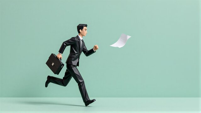 Businessman rushes with briefcase, paper floating behind him against mint green backdrop.