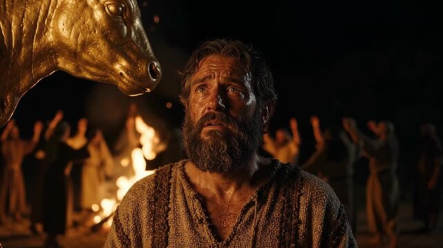 Moses Confronts the Golden Calf Idolatry in a Dramatic Biblical Exodus Scene Symbolizing Betrayal Faith Judgment Covenant Repentance Obedience Divine Law and Spiritual Conflict Among the Israelites