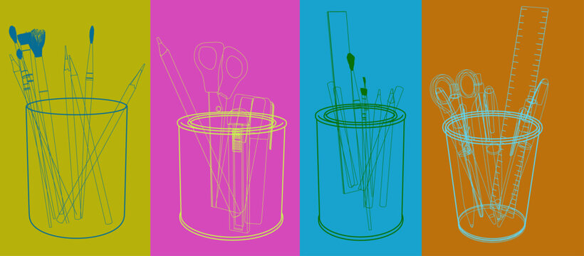 Colorful Stationery Cups With Pens, Pencils, Brushes and Scissors Pop Art Line Drawings