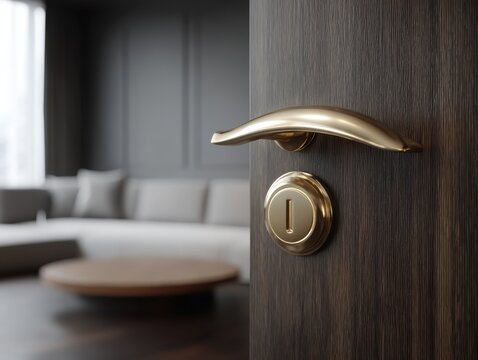Brown wood panel door open with brass gold handle. Metal doors knob lock keyhole. Doorknob and gold latch. Wooden veneer Door half opening gray living room interior view. Modern trends of home design.