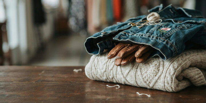 A stack of cozy winter clothing, including a knitted sweater, a denim jacket, and leather gloves, arranged neatly on a wooden surface.