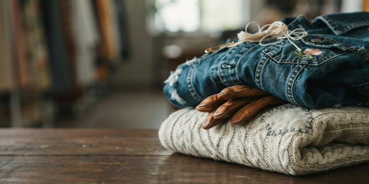 A neatly folded stack of clothing and accessories on a wooden surface, ready for a journey or a closet