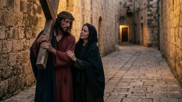 Virgin Mary Comforts Jesus Christ Carrying the Cross Through Jerusalem During Holy Week Symbolizing Maternal Love Compassion Suffering Faith Sacrifice Redemption Sorrow Hope and Christian Devotion on 