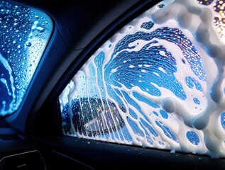 Fototapeta premium White soap foam covers car window during automatic wash. Thick bubbles, shampoo suds drip down glass surface. View from inside vehicle at carwash station. Cleaning process using chemical detergent in