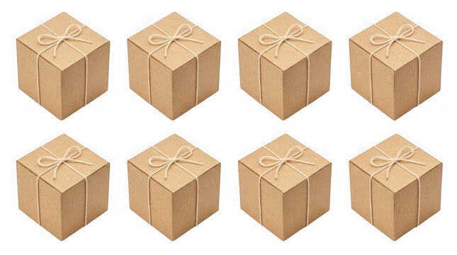 Set of brown cardboard gift boxes with ribbons isolated on transparent background