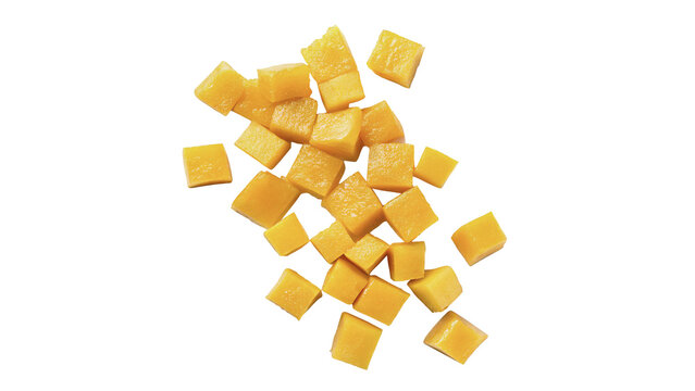 Pile of small square diced fresh raw pumpkin or squash cubes isolated on transparent background