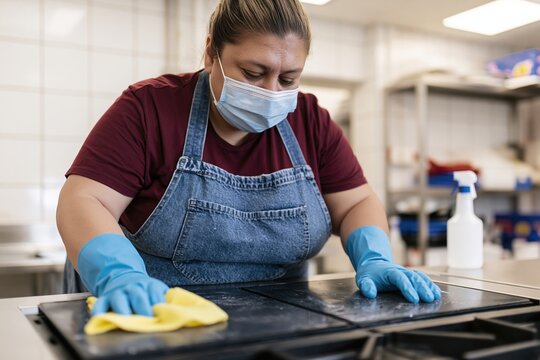 The Griddle Cleaning in a Hygienic Commercial Kitchen with Sanitizing Cloth