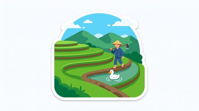 Asian farmer walking on green rice field terraces with hoe and duck vector illustration, traditional agriculture landscape sticker, isolated on white background