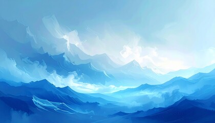 Obraz premium Blue Iceberg in Mountain Landscape Under a Clear Blue Sky with Snowy Peaks, Misty Valley, Clouds and Morning Sunlight in Winter Nature Scenic View