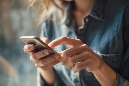 Closeup of female hands using a smart phone, nature background. Woman using mobile phone in sunset outdoors. Unrecognizable person touching smartphone screen. Unknown girl holding cellphone outside.