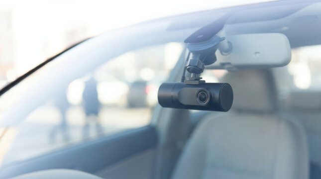 Dashboard camera recording city traffic through car windshield