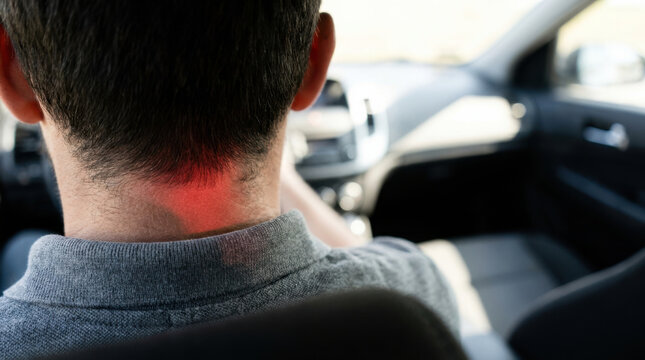 Driver holding head in car with neck pain and red skin, viewed from behind during daylight