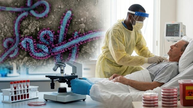 Filovirus outbreak management: ebola diagnosis, patient assist, medical worker, laboratory observe, virus monitor, microscopic analysis, test sample, contagion control.