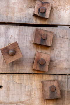 Close up of wooden dowels on ship planks, Mandvi, India