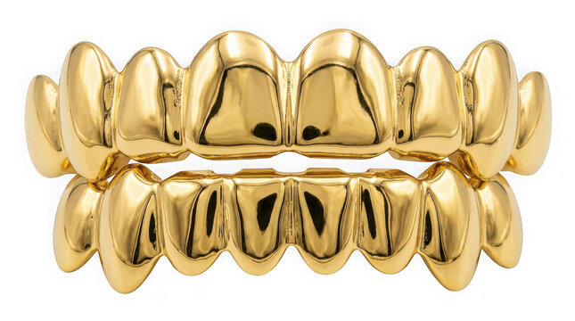 Gold teeth grillz set isolated on transparent background