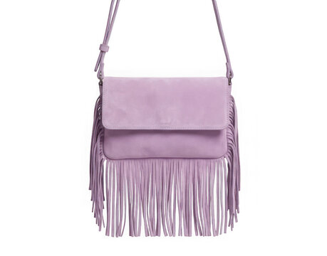 Purple suede crossbody bag with long fringe isolated on transparent background