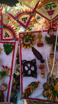 Traditional Balinese colorful penjor and offerings made from bamboo and colorful rice dough decorations