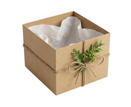 Cardboard gift box filled with white tissue paper decorated with twine and green sprigs isolated on transparent background