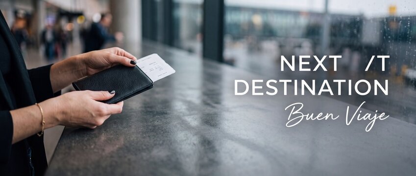 Traveler holding passport boarding pass at airport terminal window waiting for flight departure banner with copy space for next destination journey travel concept graphic design background template