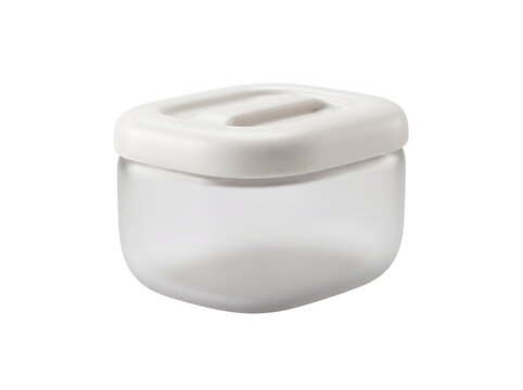 Empty Transparent Glass Food Storage Container with White Lid Isolated on Plain White Background for Kitchen Organization and Meal Prep