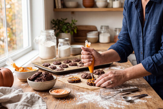 Primo piano di mani che decorano con la sac &agrave; poche biscotti al cioccolato con glassa arancione su un tavolo di legno rustico con farina, teglia, zucca e codette in una cucina luminosa.