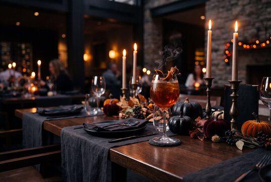 Cocktail ambrato con scorza d'arancia e fumo su un tavolo di legno in un ristorante per adulti: candele accese, zucche nere, tovaglie scure e foglie secche, con ospiti sfocati sullo sfondo.
