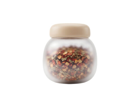 A small clear glass storage jar with a wooden lid, filled with dried red chili flakes, isolated on a white background, perfect for food and kitchen concepts