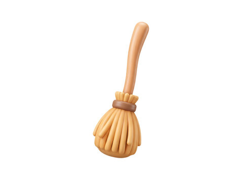 3D Cute Cartoon Broom Isolated on White Background for Halloween Magic Witchcraft Design Elements and Cleaning Icons