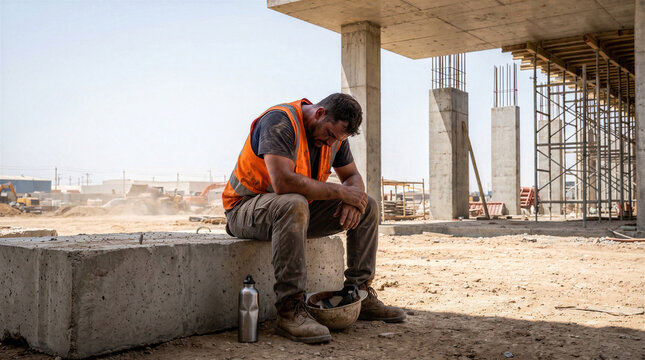 Exhausted Construction Worker Sitting Alone Resting on Concrete Block at Building Site Industrial Development Site Project Manager Blue Collar Laborer Wearing Reflective Safety Vest Taking Break Heat