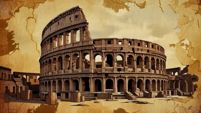 Ancient Roman Colosseum exterior with dramatic sky and aged parchment texture