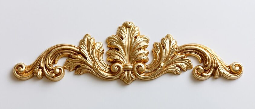 Ornate gold baroque scroll ornament with symmetrical acanthus leaf design on white background