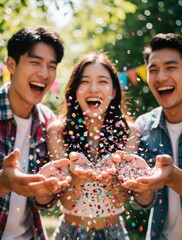 Obraz premium Group of young Asian friends celebrate party outdoors. Happy people laugh, toss colorful confetti in hands. Joyful youth enjoy summer event with friends. Cheerful multicultural group fun during