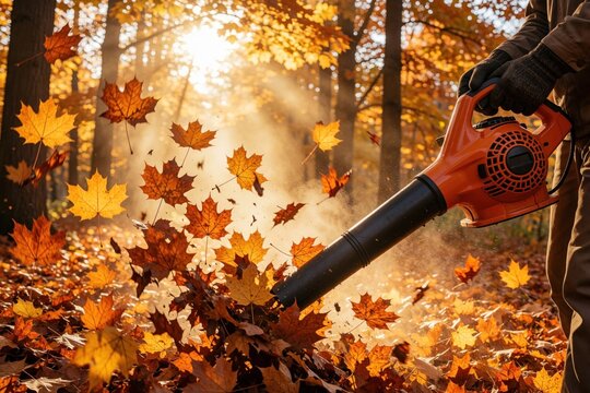 Man uses orange leaf blower to clean garden in autumn forest. Powerful air tool blows dry maple leaves across ground. Bright sunlight shines through trees person performs yard work maintenance task