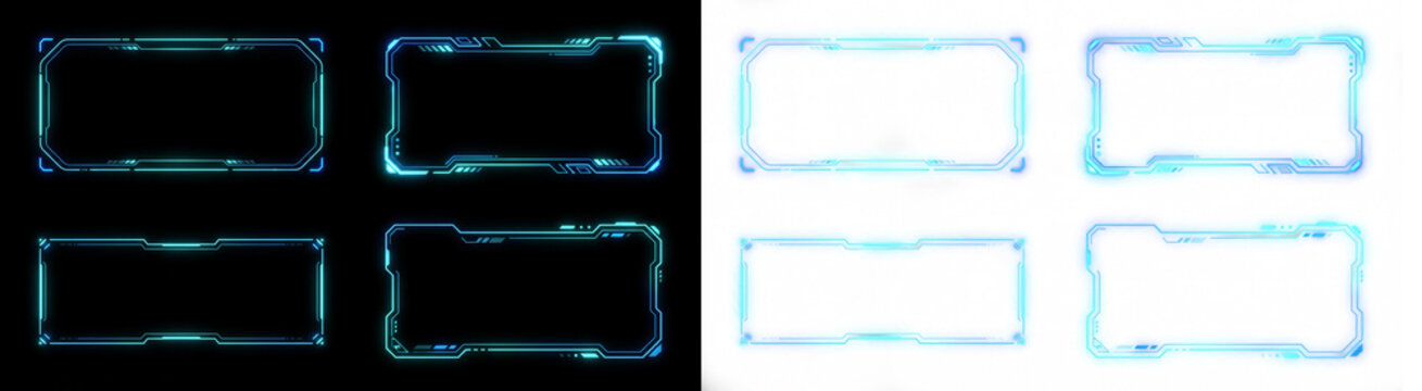 Futuristic HUD Frame Elements, Glowing Holographic Sci-Fi UI Borders, Cyan Neon Digital Box Overlays for Game Interface