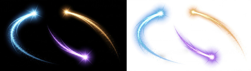 Glowing comet light trail collection, colorful shooting star streaks, magic motion sparkle overlays set for visual effects and graphic design © CreativeVista