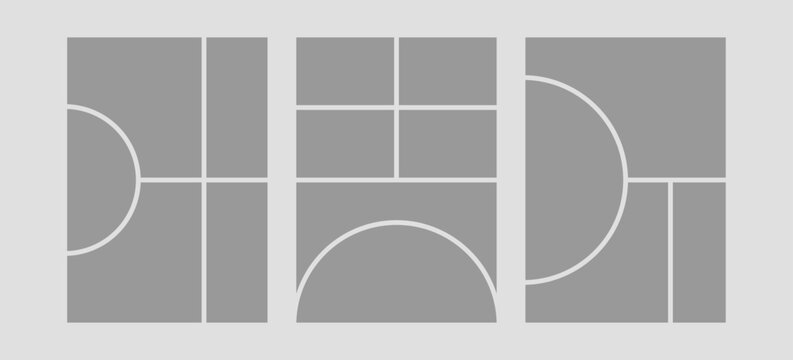 Photo grid layout with mosaic collage frames for creative design presentations. Rectangular boxes and circular shapes for modern mood board compositions. Template for galleries and digital albums.