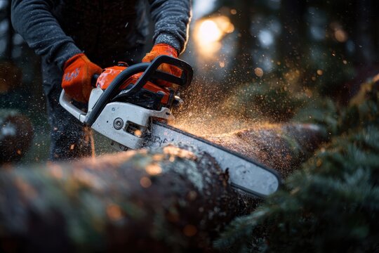 Man cuts wood log timber with chainsaw dynamic motion. Close-up Glove hands hold power tool equipment with flying sawdust sparks in forest sawmill for firewood lumber production. Home heating fuel