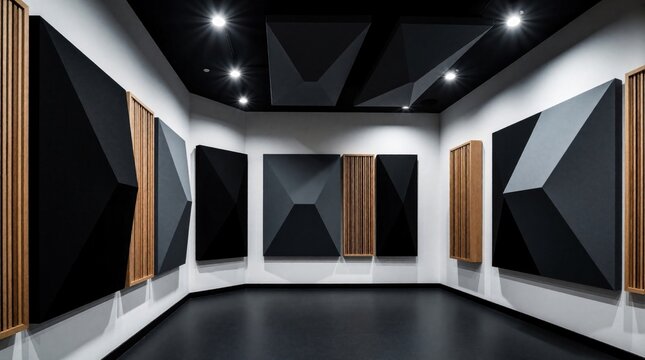 Modern recording studio interior with black acoustic foam panels, wooden diffusers on white walls. Pro soundproofing equipment for audio production in music room. Minimalist design featuring