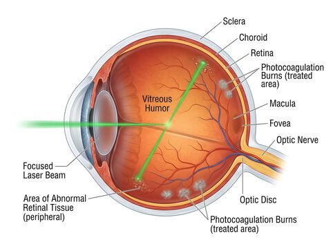 Laser photocoagulation treatment on human retina diagram isolated on white background