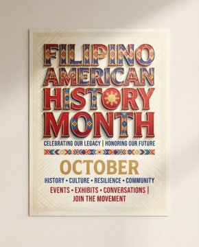 Filipino American History Month poster features ornate block typography adorned with traditional geometric patterns on off-white paper.