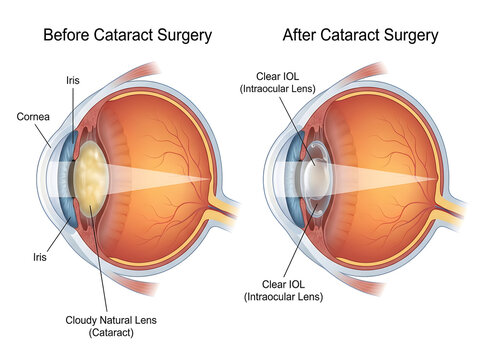 Cataract surgery before and after comparison illustration isolated on white background