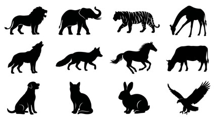 Fototapeta premium Animal silhouettes collection featuring various wild and domestic species on white background
